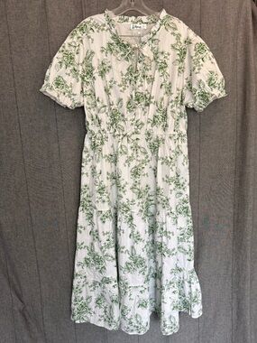 Plus Size 2X Cotton Boho Midi Dress White And Green Floral Boho Cottage Prairie